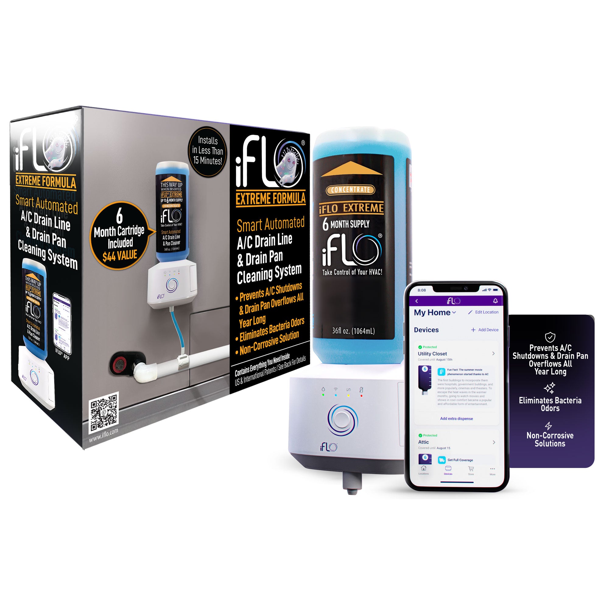 iFLO® Smart Automated A/C Drain Line Cleaning System, Includes 3 Month or 6 Month Cartridge