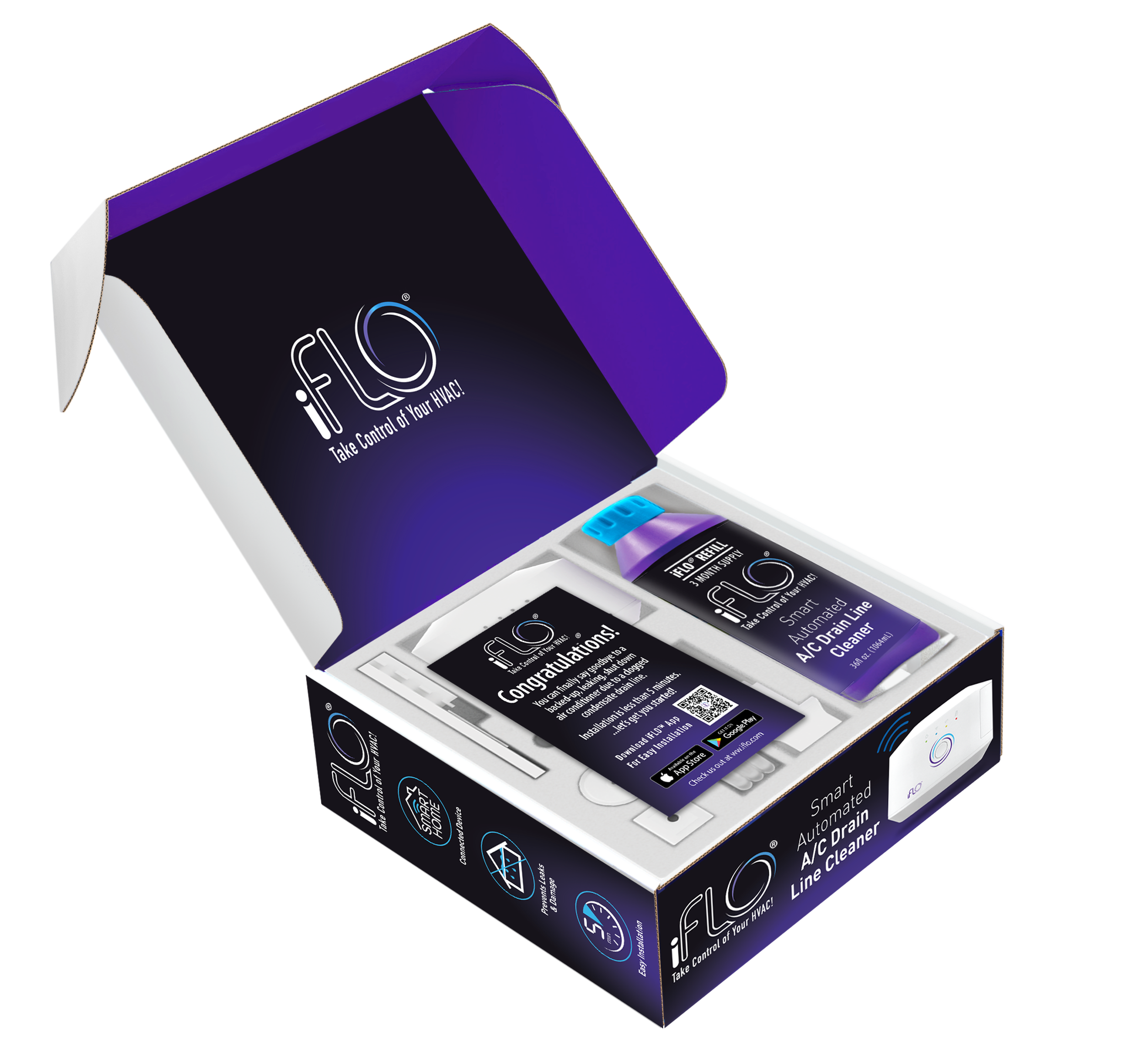 iFLO® Smart Automated AC Drain Line Cleaning System, Includes 3 Month or 6 Month Cartridge