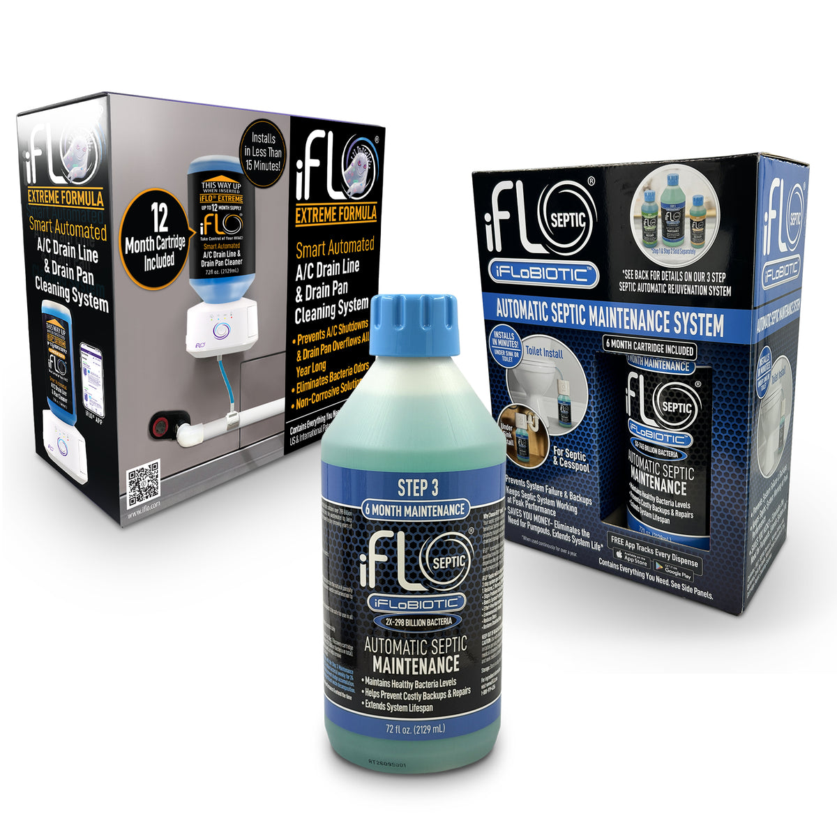 iFLO 12 Month HVAC & Septic Bundle with the A/C drain line cleaning system, septic maintenance system and Step 3 cartridge