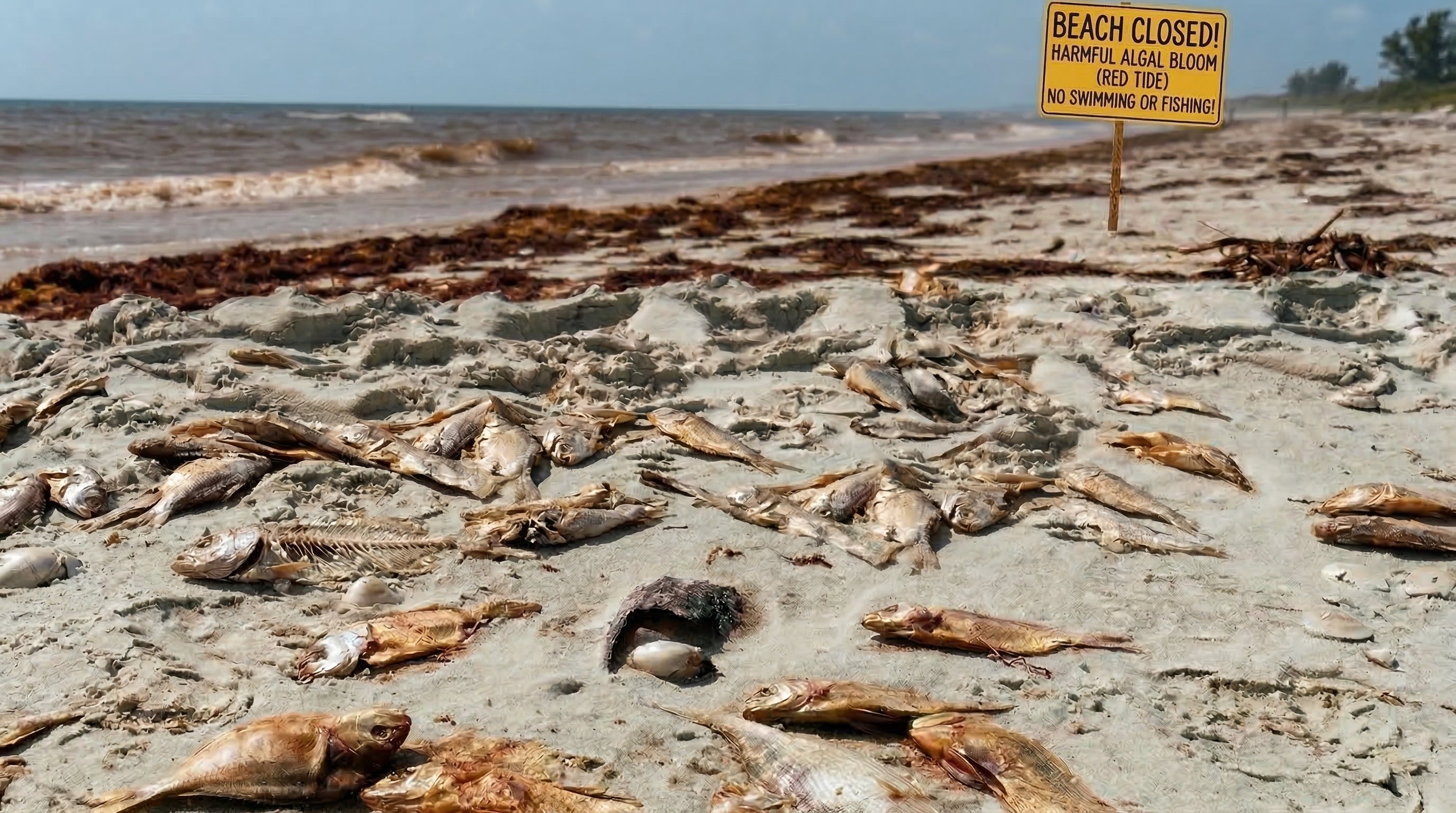 A devastating view of Red Tide's aftermath -- discolored water & fish kills on a Florida shore