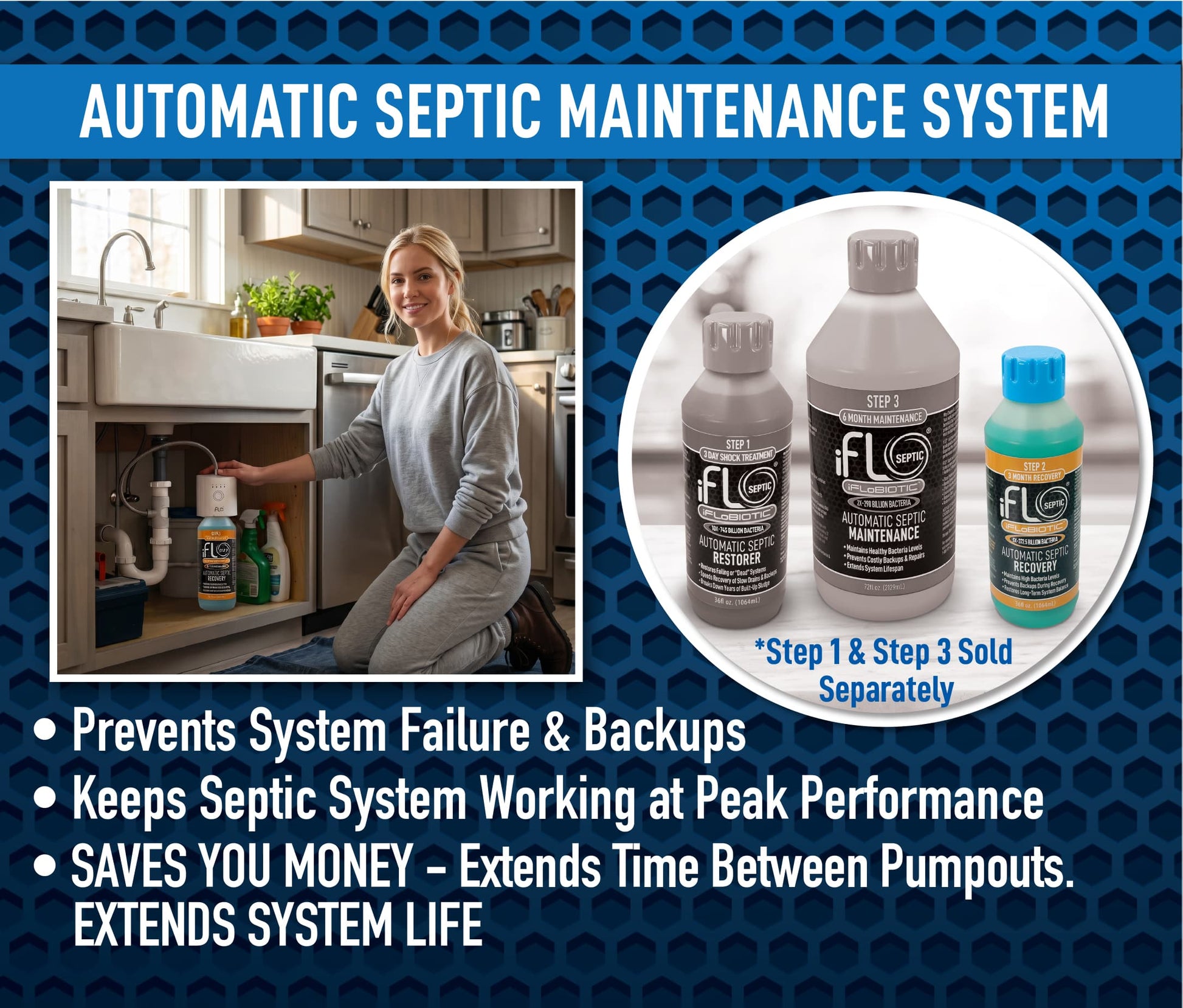 Advertisement for an automatic septic maintenance system with a woman in a kitchen and product bottles.