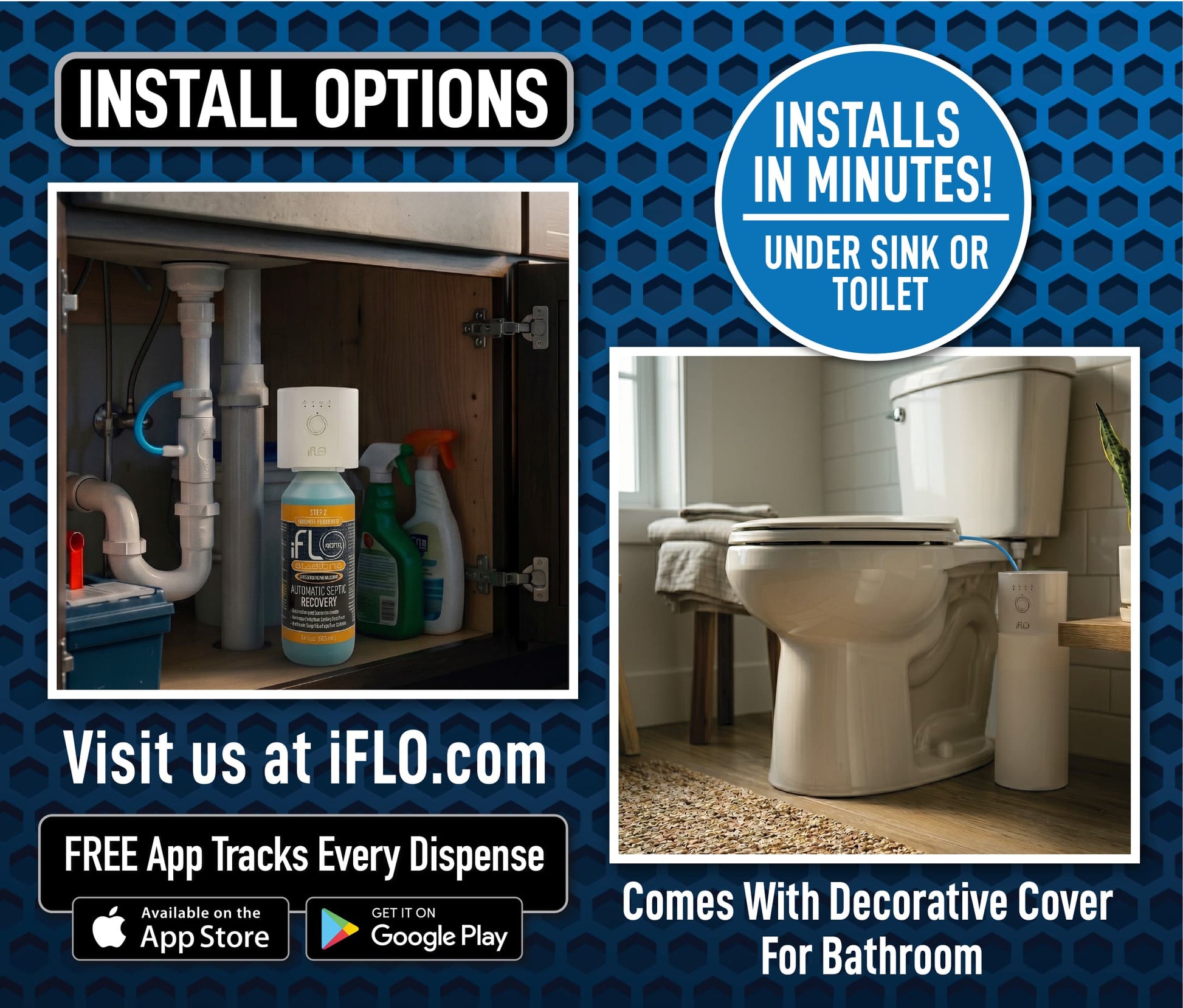 Advertisement for iFLO plumbing product with installation options and features.