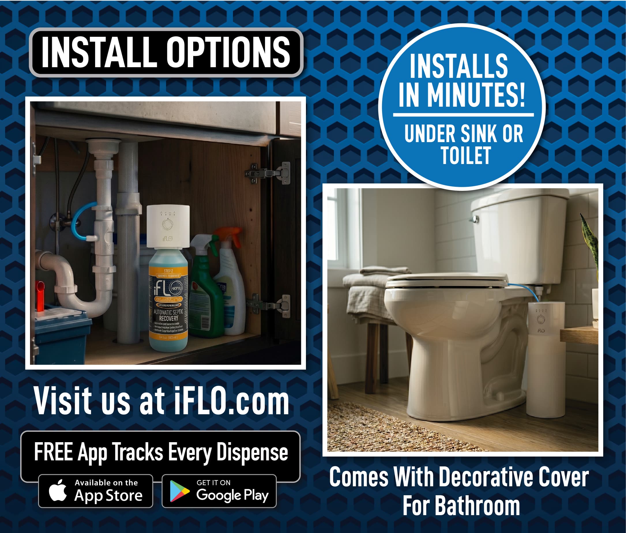 Advertisement for iFLO plumbing product with installation options and features.