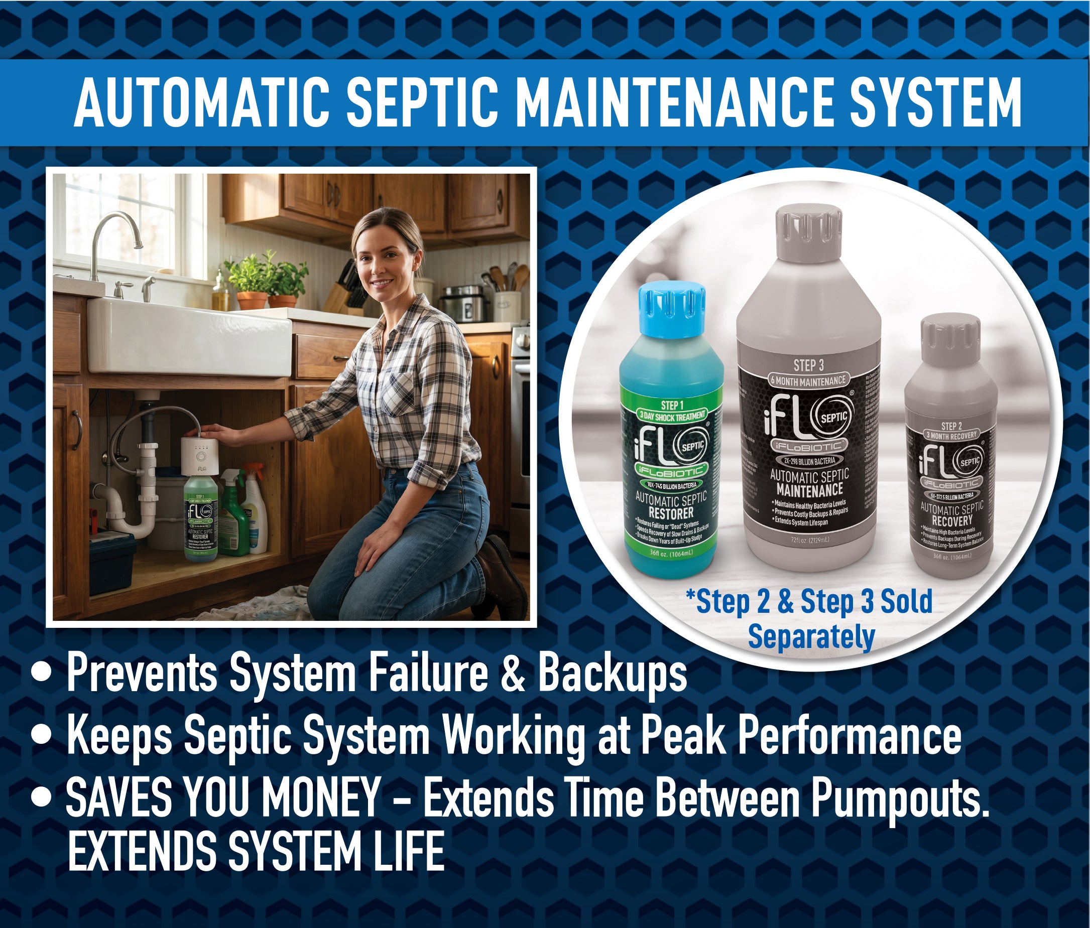 Advertisement for an automatic septic maintenance system with a woman in a kitchen and product bottles.