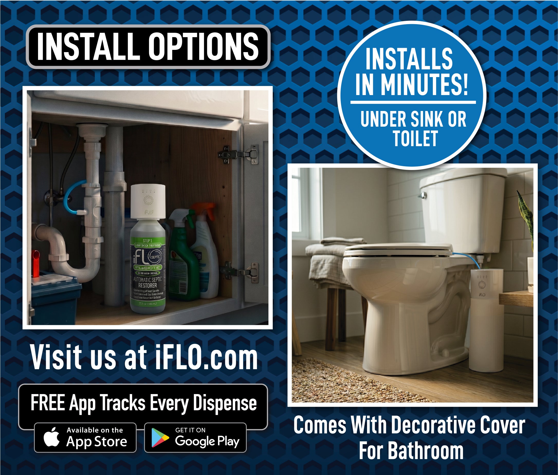 Advertisement for iFLO plumbing product with installation options and features.