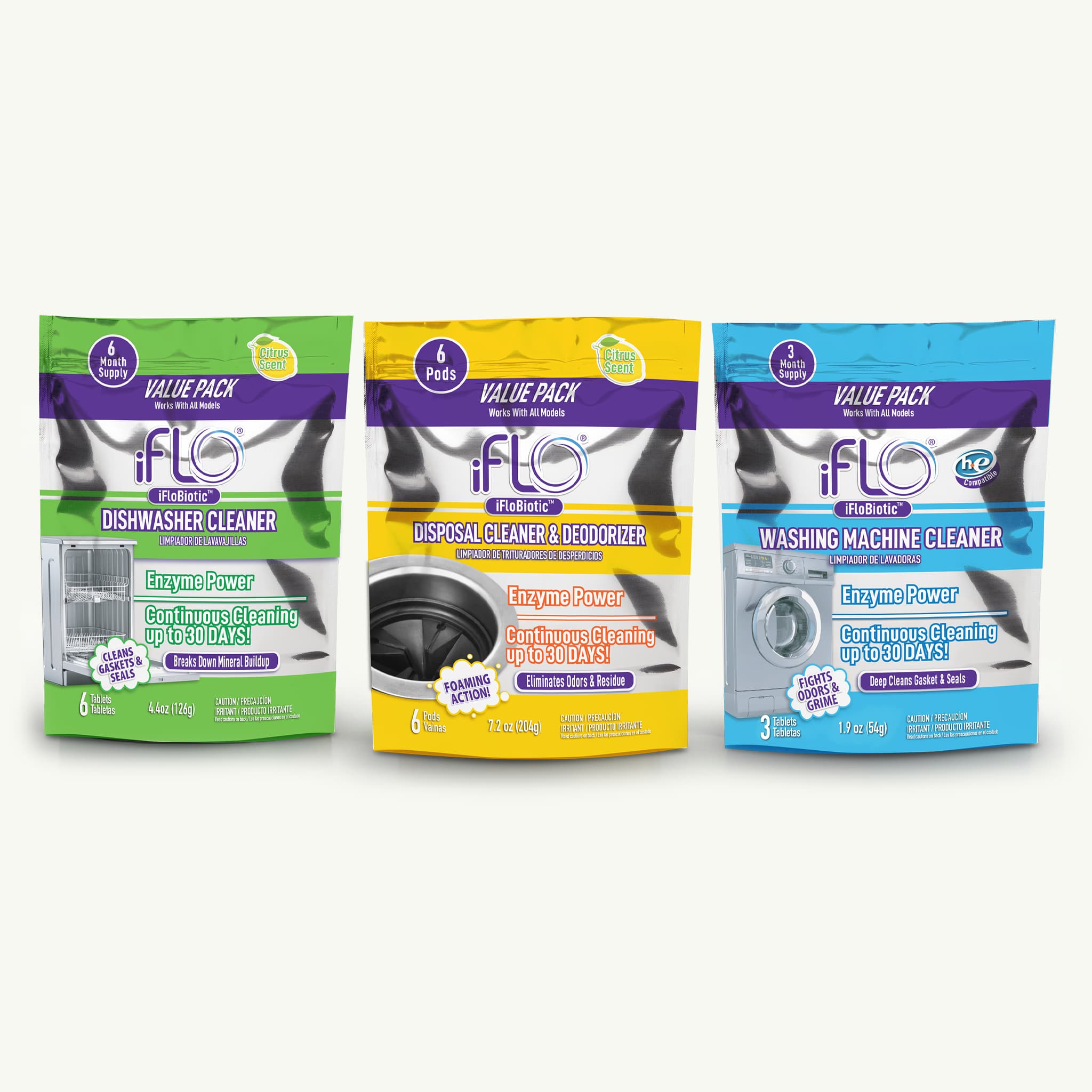 Three iFlo Value Pack laundry and dish cleaner pouches arranged side by side on a light gray background: Dishwasher Cleaner in green, Disposal Cleaner & Deodorizer in yellow, and Washing Machine Cleaner in blue.