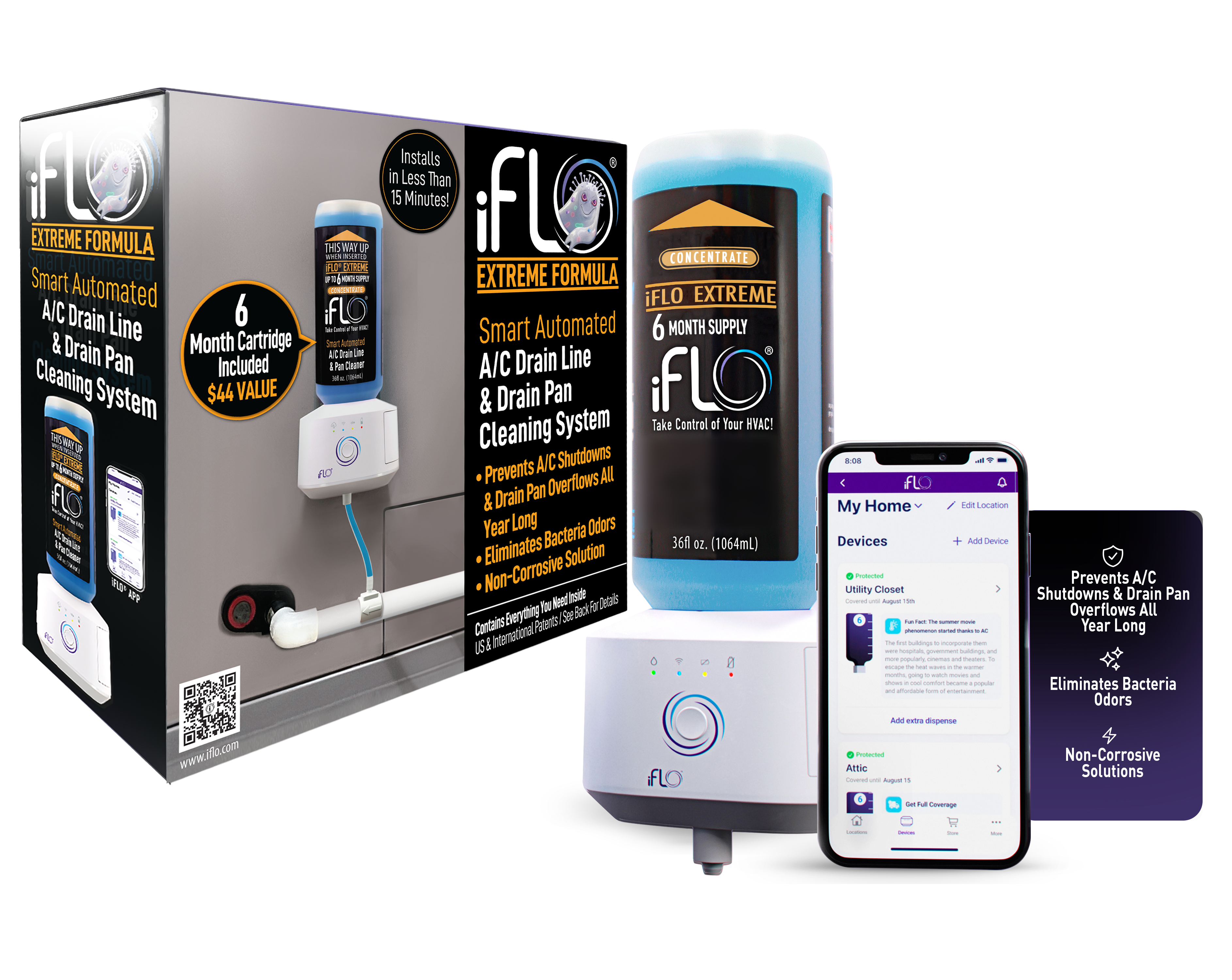 iFLO® Smart Automated AC Drain Line Cleaning System, Includes 3 Month or 6 Month Cartridge