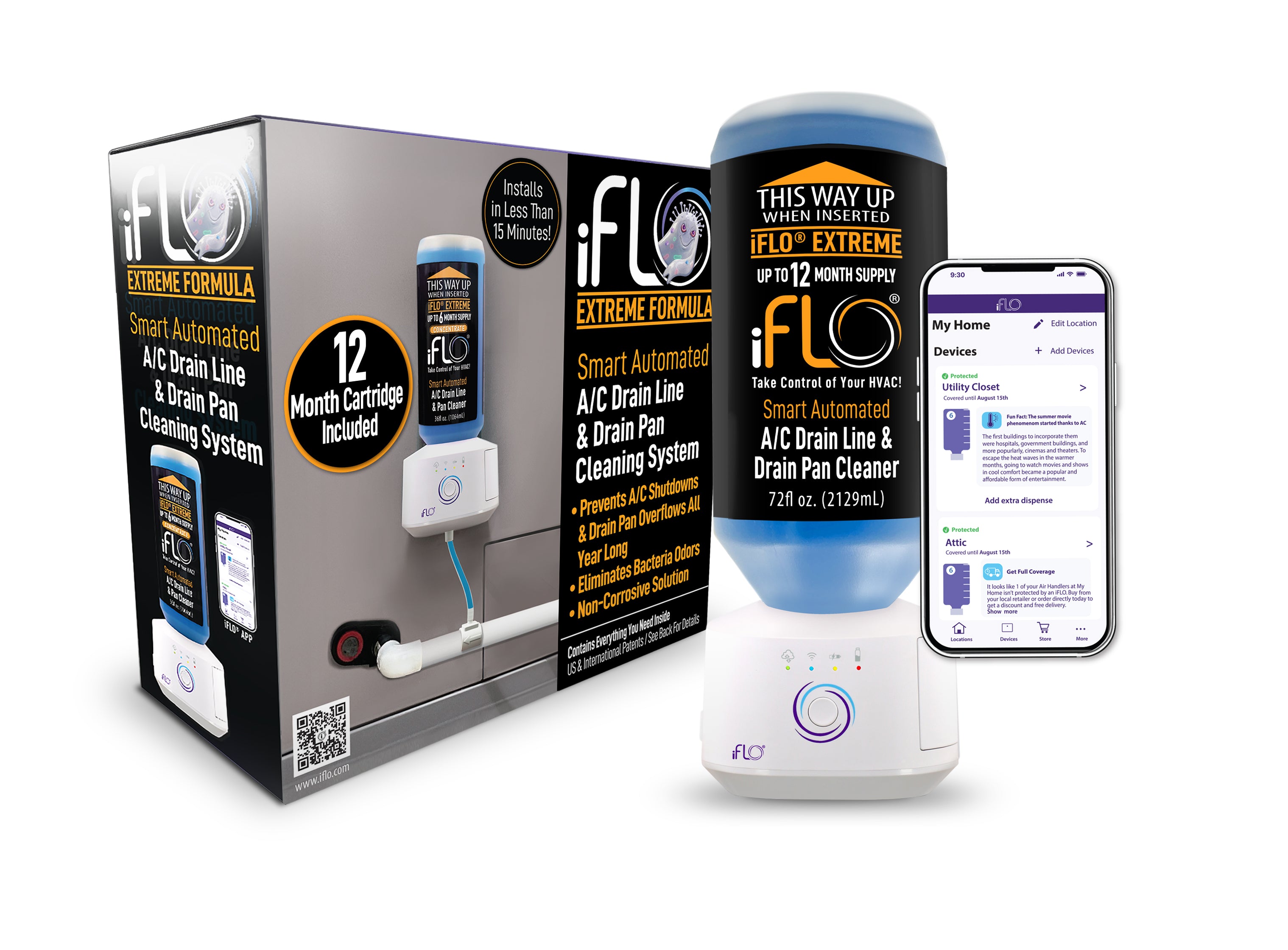 iFLO® Smart Automated A/C Drain Line Cleaning System, Includes 3, 6, or 12-Month Cartridge