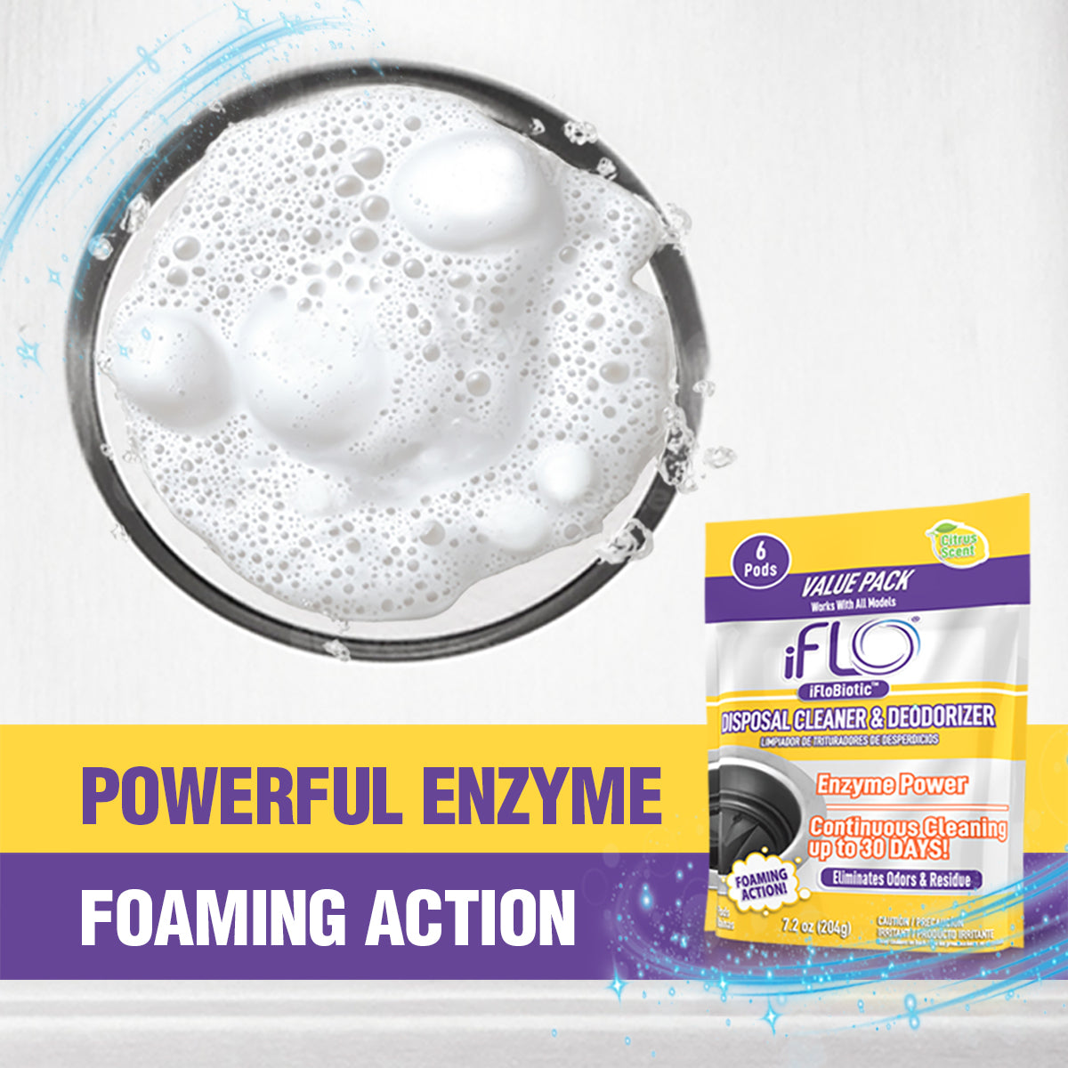 iFLO® Foaming Garbage Disposal Cleaner Pods with iFLOBiotic™ Enzymes, 6 Pack