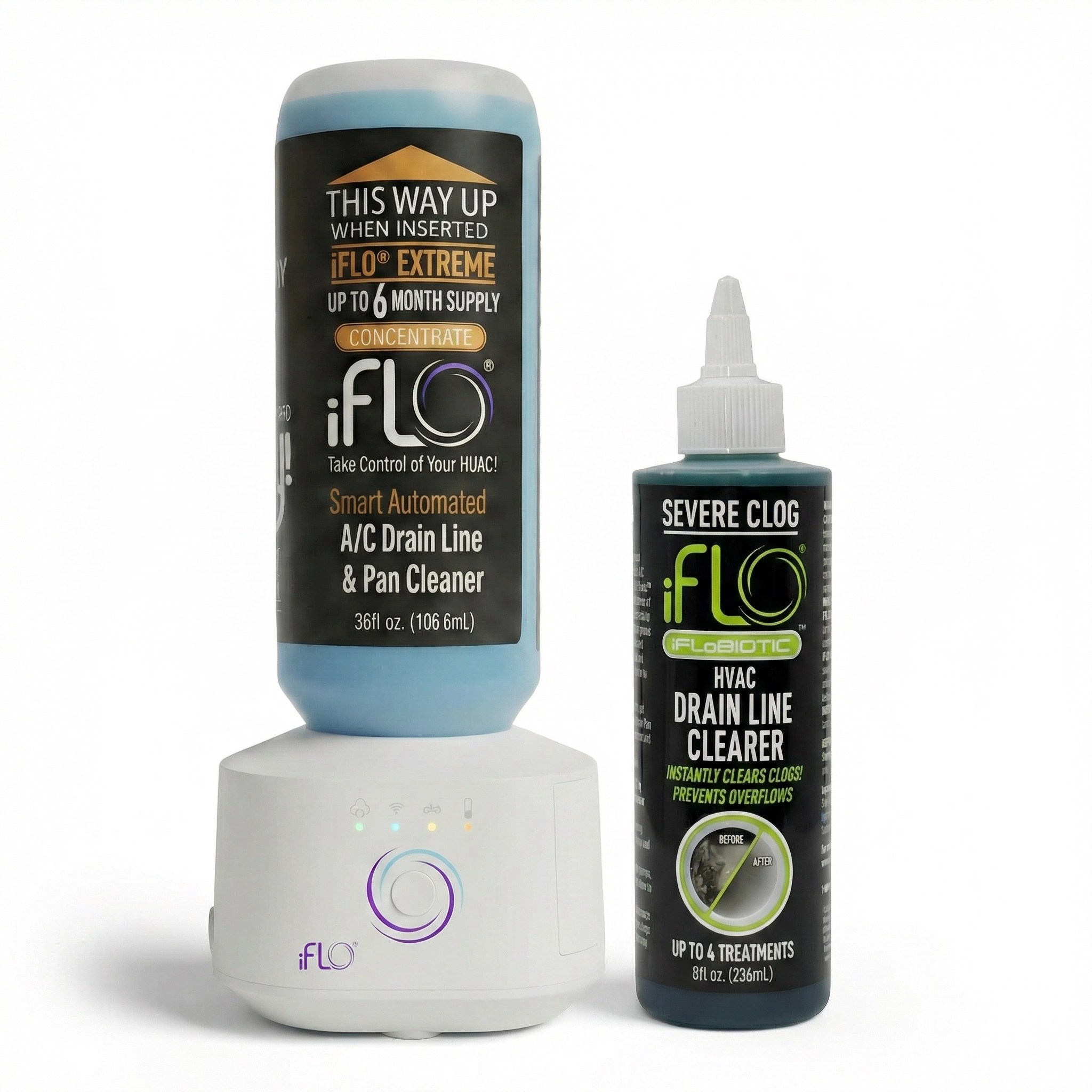 iFLO® Smart A/C Drain Line Cleaning Starter Bundle -- Includes Severe Clog Relief™ & Smart 6-Month Cleaning System